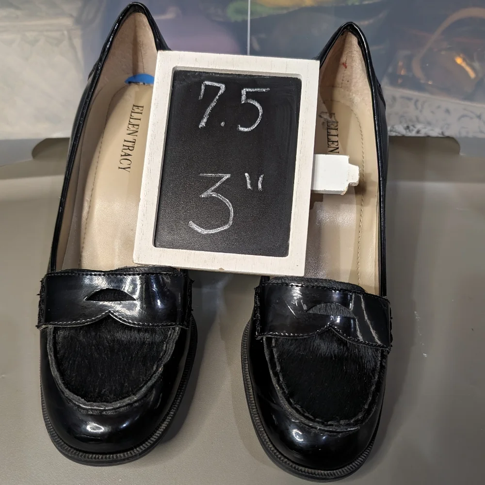 Ellen Tracy 7.5 calf hyde toe patent leather penny loafer pumps‎ 3